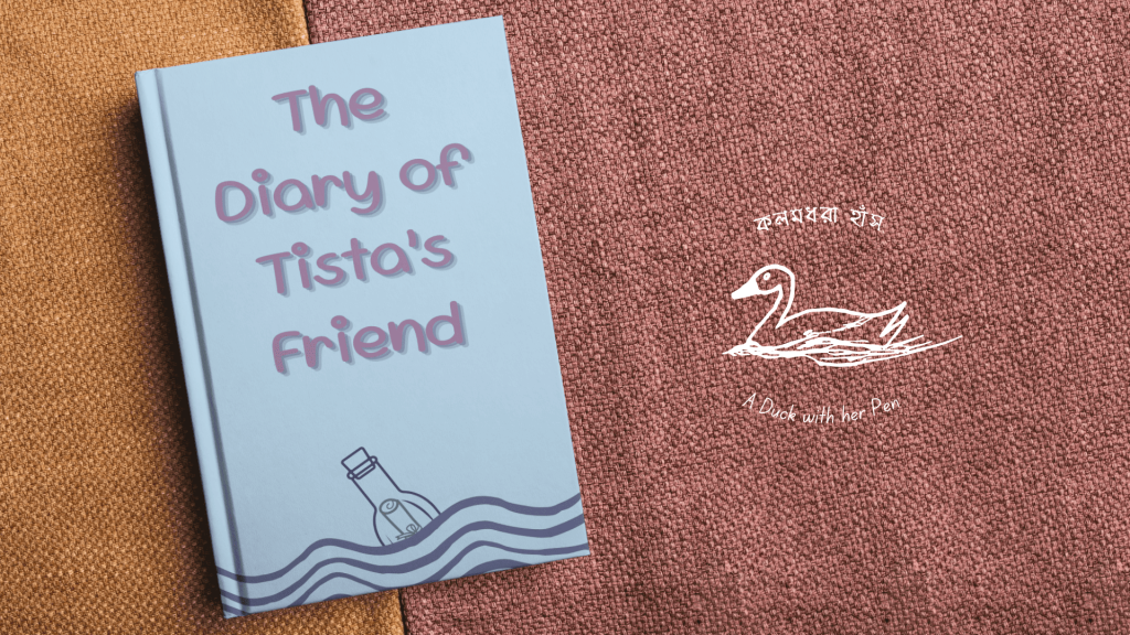 Alt Text: Illustrated diary and message in a bottle floating on water – cover art for the story 'The Diary of Tista’s Friend'